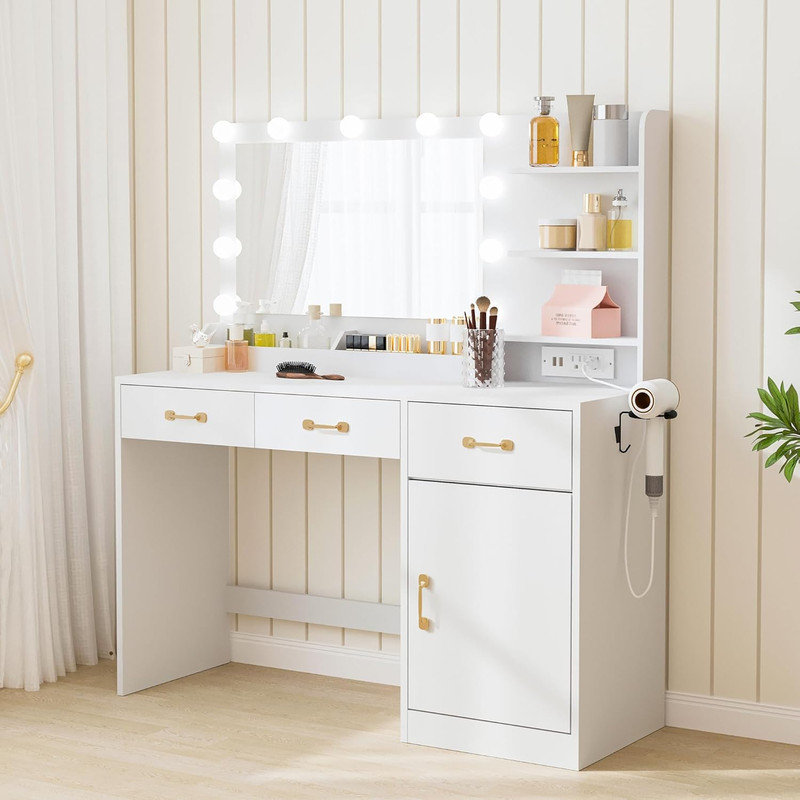 LED Lighted Vanity Desk with Mirror, 11 Bulbs & Power Outlet, 3 Drawers & Storage Shelves, Modern Makeup Table for Bedroom