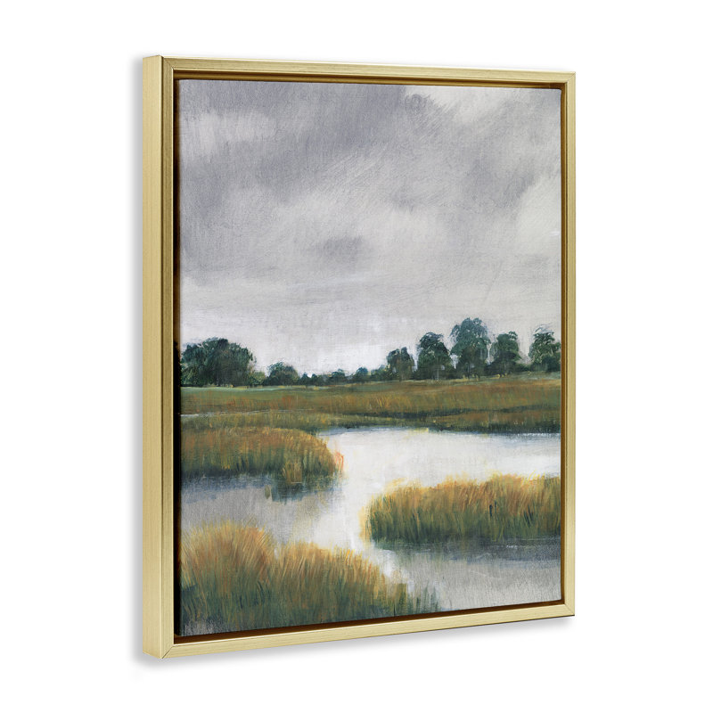 Paysage de marais nuageux, H 21 po x l 17 po, Cadre flottant métallique doré