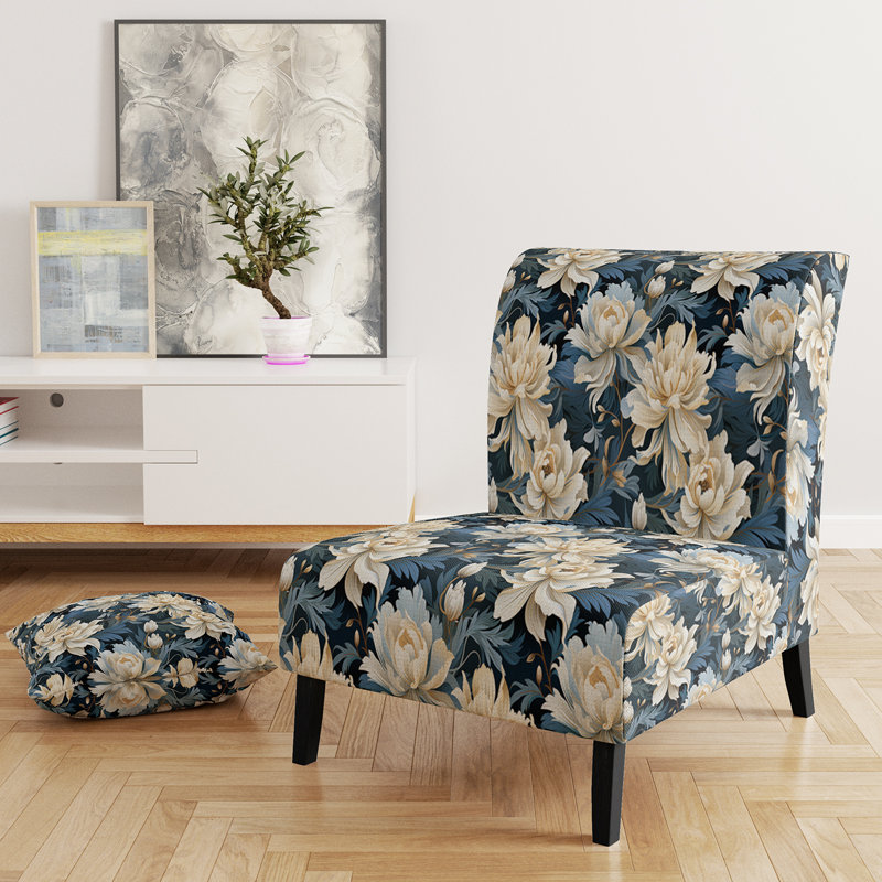 Fauteuil de style campagnard, recouvert de velours, motif floral rustique, motif chrysanthème blanc et bleu