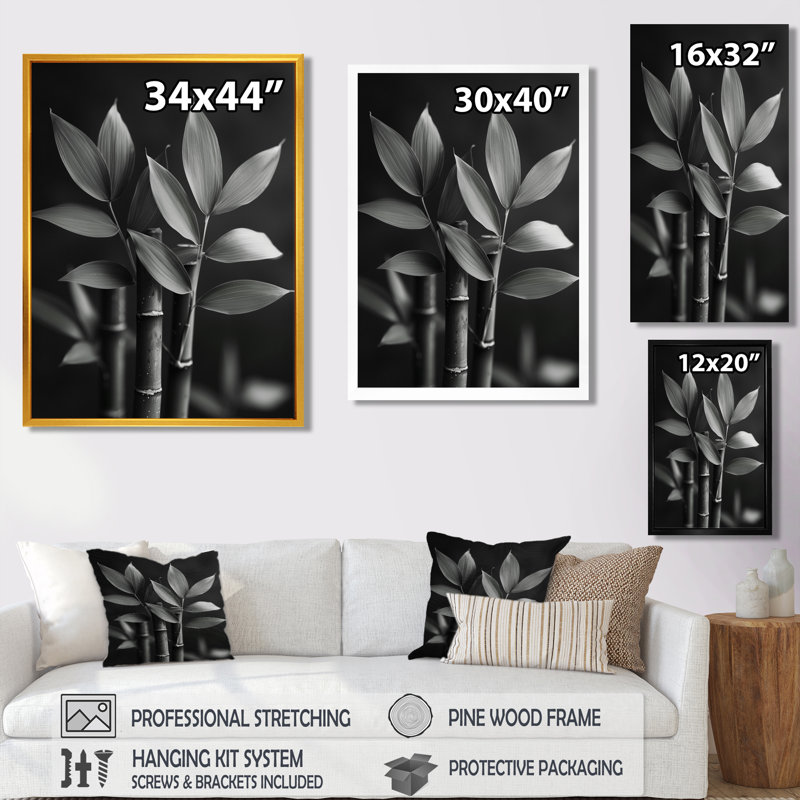 Monochromes gris bambou botanique beauté I - art mural en bambou, Encadrement argenté, H 12 po x l 20 po