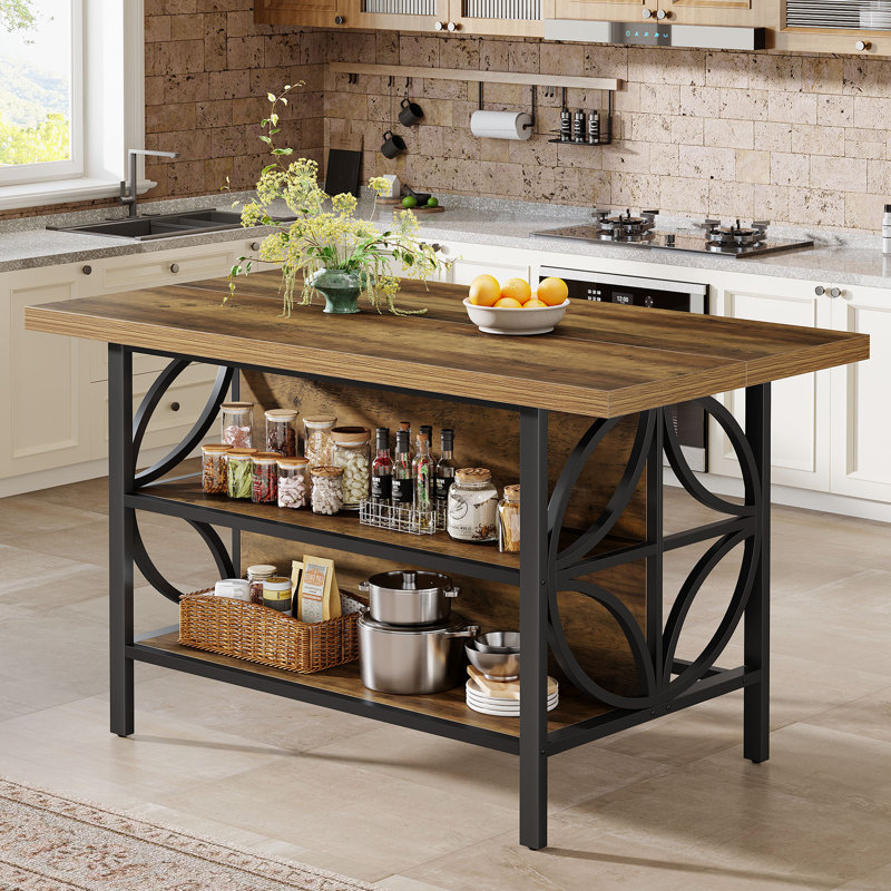 Îlot de cuisine avec rangement, table de travail industrielle de 63 pouces avec 2 tablettes, brun rustique