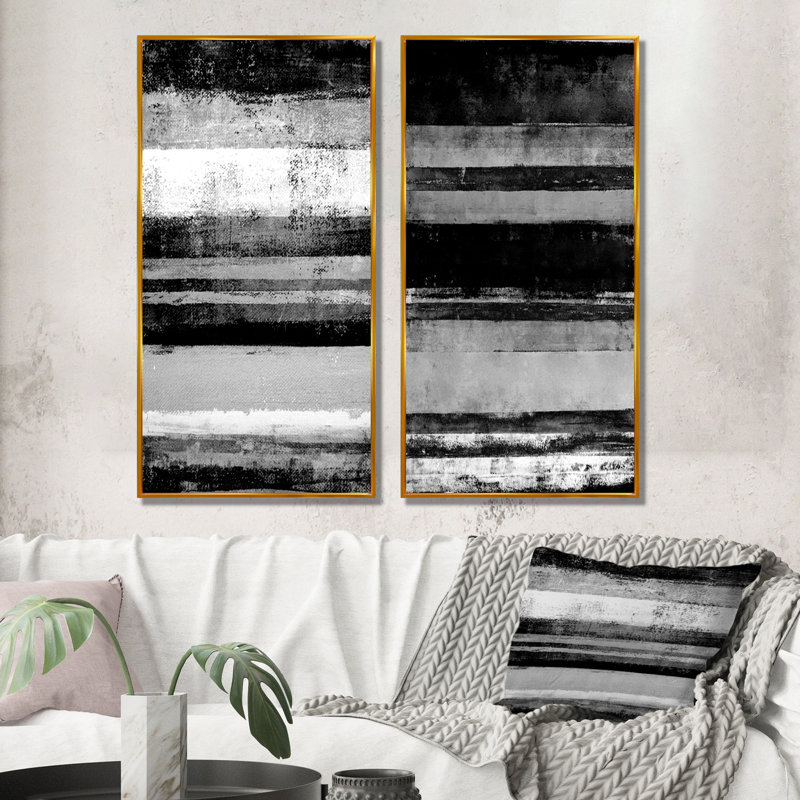 Ensemble de 2 peintures sur toiles - bandes abstraites noires et blanches, H 20 po x l 24 po x P 1 po, Cadre flottant doré