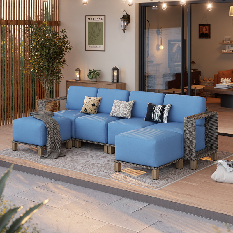 Canapé modulaire de patio 6 pièces avec coussin de 10 po et osier amélioré 6 pièces, Bleu