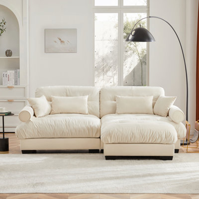 Canapé deux places surdimensionné moderne avec repose-pieds, fauteuil 2 places en velours avec accoudoirs à traversin rond, avec coussin de taille et coussins décoratifs, petit canapé en forme de L pour le salon, la salle de lecture, le loft et la chambre à coucher, crème