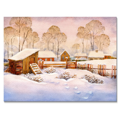 Paysage enneigé avec petites maisons et hauts arbres - impression d'art sur toile de campagne