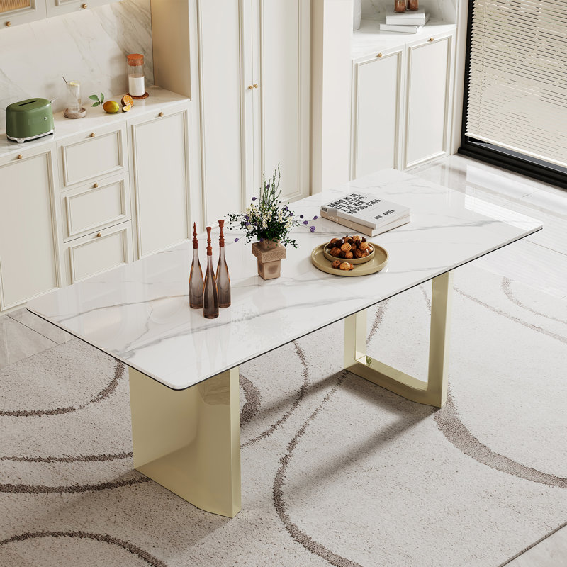Table de salle à manger rectangulaire dorée avec plateau en verre trempé composite de 12 mm d'épaisseur de 0,47 po et base en acier inoxydable, pour repas de famille réguliers, profondeur de 70,37 po, largeur de 30,83 po, hauteur de 29,08 po,