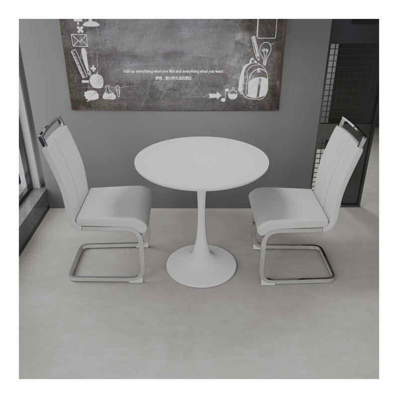Table de salle à manger 31,5 "circulaire blanche, table de salle à manger, table de salle à manger pour 2 à 4 personnes, plateau et base en panneau de fibres à densité moyenne et 2 chaises de salle à manger en métal argenté
