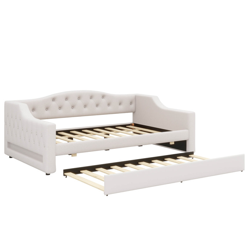 Lit de jour double très grand avec ceinture et lit gigogne à DEL, Beige