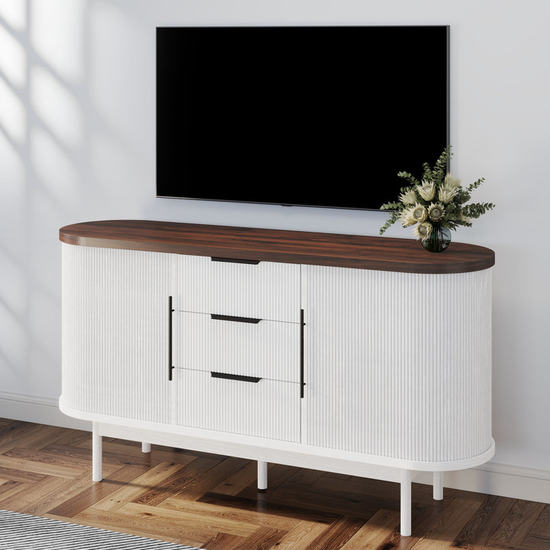 55" Oval TV Stand, TV Console With Sliding Hidden Storage and 3 Drawers, White/Brown