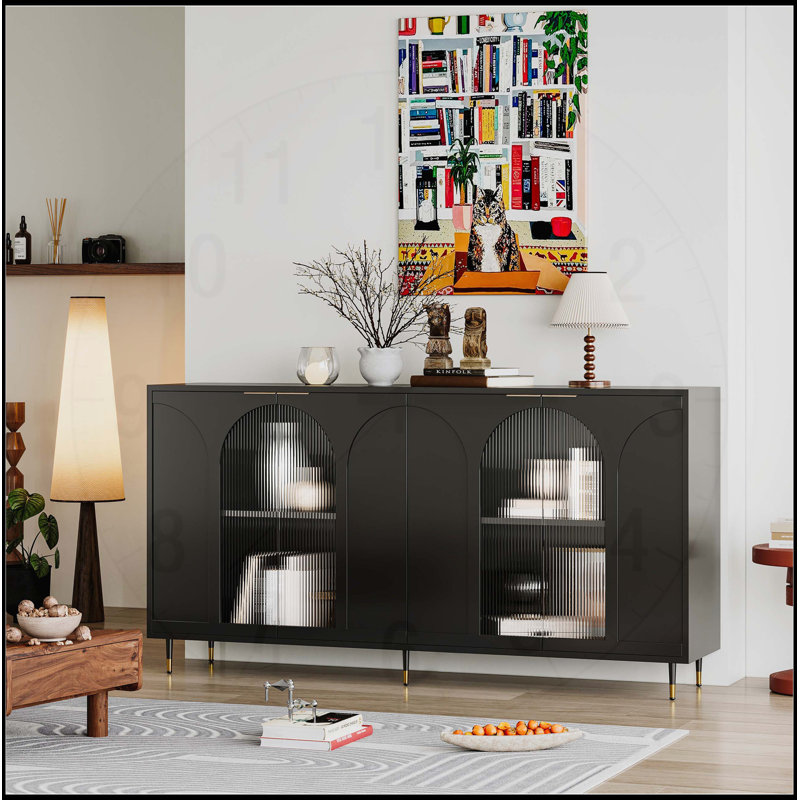 Armoire décorative en bois laqué avec 4 portes en verre, buffet pour rangement et présentation, Noir