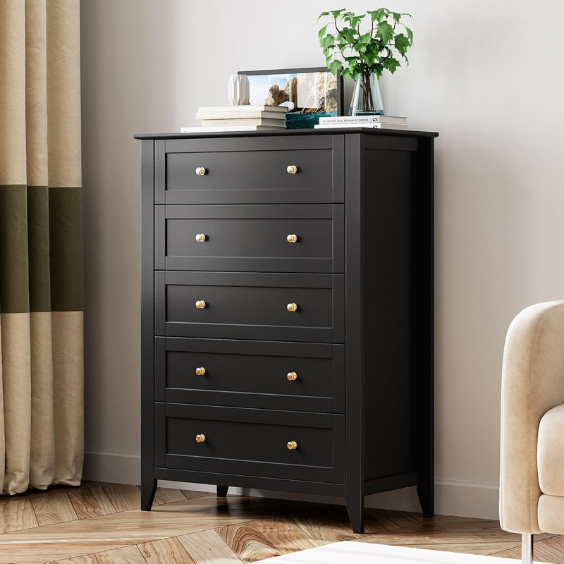Tall 5-Drawer Dresser, Modern Wooden Chest with Deep Drawers & Metal Knobs for Bedroom, Entryway & Hallway, Black