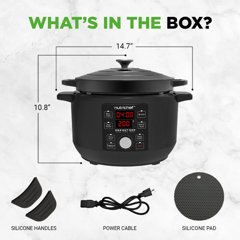 Cocotte électrique 6 pintes | Pot en fonte 1500W 5-en-1 1500W avec couvercle en acier inoxydable | Contrôle précis de la température | Comprend 2 poignées en silicone et un coussin résistant à la chaleur | (Noir)
