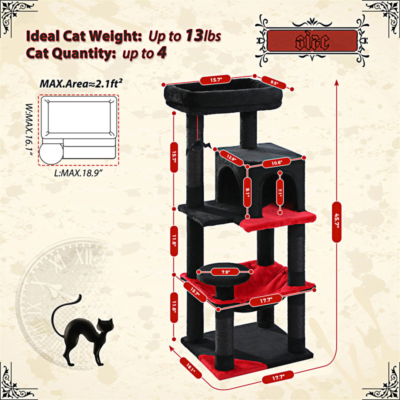 Gothic Black and Red Sisal Cat Tree with Hammock