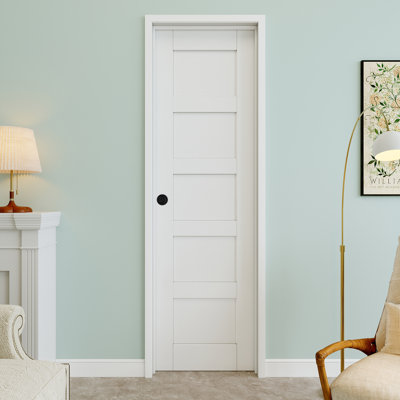 Porte pré-suspendue 24 po x 80 po à 5 panneaux avec bouton rond et charnières noires, dalle de porte unie, peignable et imperméable, combinaison pour la lessive, portes de placard, portes de pièce, droite