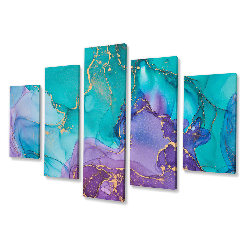 Turquoise et mauve liquide Art I - 5 pièces sur toile tendue