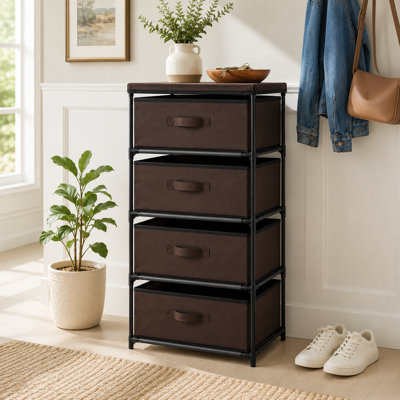 Dark Brown 4-Tier Narrow Storage Tower, 16.5x13x33 Inches, Features 4 Removable Fabric Drawers and Metal Frame for Home, Office, Dorm, or Entryway
