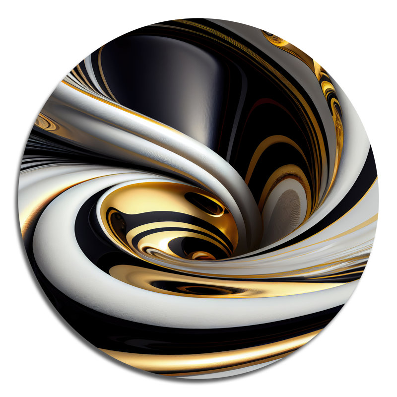Vitrail doré noir et blanc I - Art abstrait rond en métal, H 36 po x l 36 po
