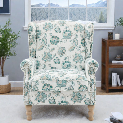 Chaises d'appoint modernes, fauteuil à oreilles en tissu avec pieds en bois, fauteuil floral