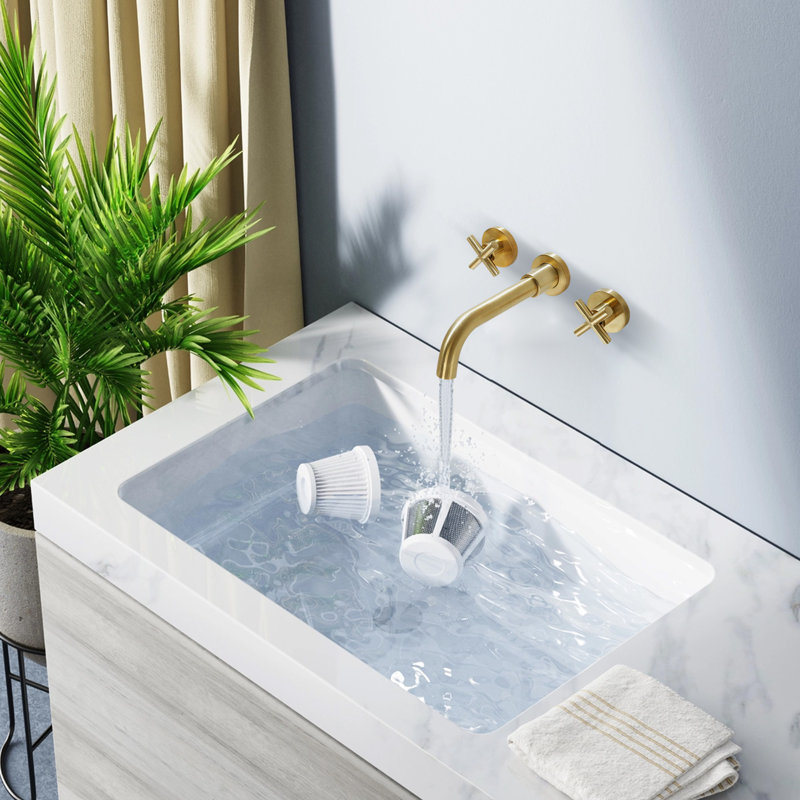 Wall Mounted 2-handle Bathroom Faucet with Drain Assembly, Brushed Gold