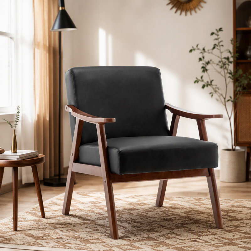 Chaise d'appoint Mid-Century moderne en similicuir noir - compacte et élégante pour tout espace de vie