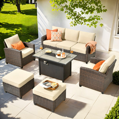 Lou 5 - Person Wicker Outdoor Conversation Set, Patio Sofa Set with Fire Pit and Cushions