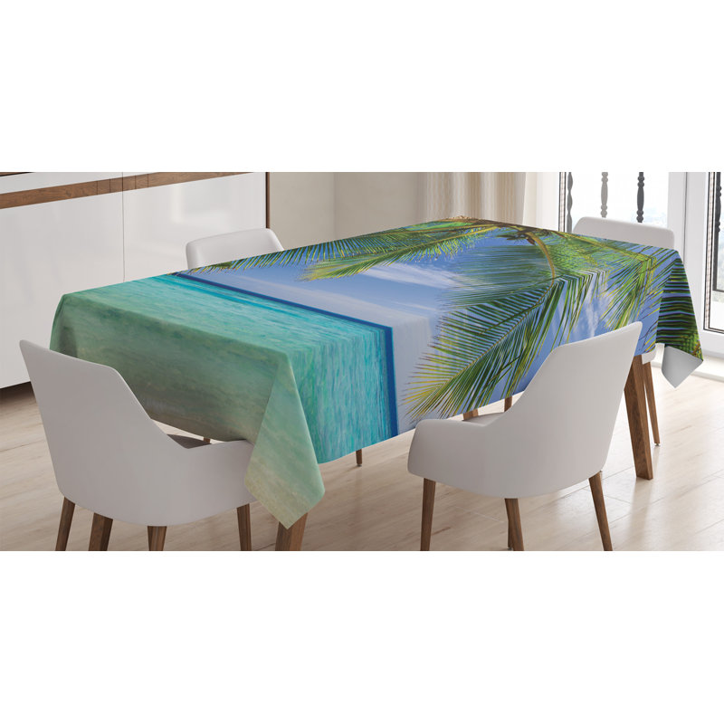 Ambesonne Ocean Tablecloth, Tropical Paradise View At Maldives With Palms Clear Blue Sky Seashore Picture, Rectangular Table Cover For Dining Room Kitchen Decor, 52" X 70", Green Aqua Blue