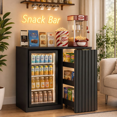 Snack Bar Cabinet with Pull-out Shelf, Snack Organizer with Mini Fridge Space, Coffee Station for Home Theater Game Room