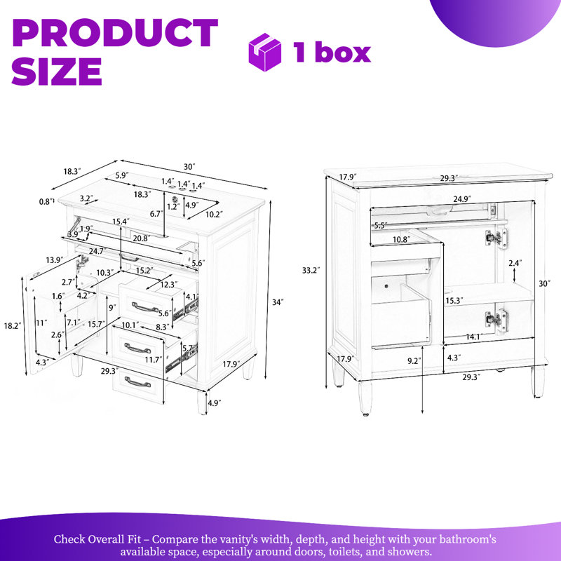 Meuble-lavabo autoportant de 30 po avec lavabo en céramique, structure en bois massif, Blanc