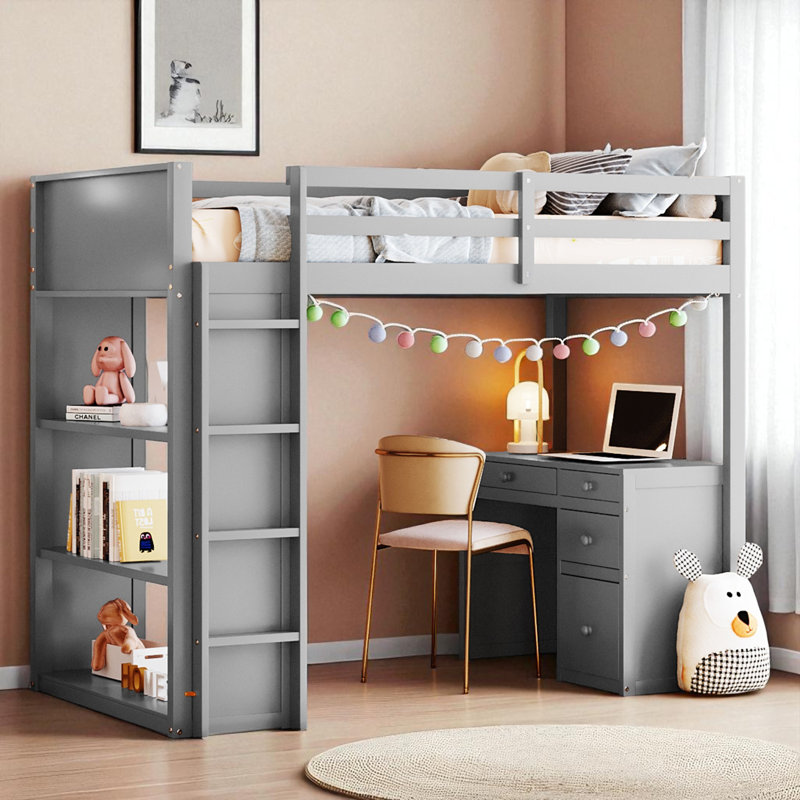 Lit mezzanine avec bureau intégré et rangement, Simple, Gris