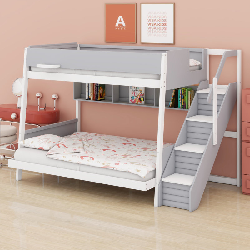 Bunk Bed with Built-In Stairs, Twin over Full, Gray