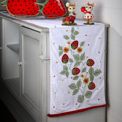 14x72" Embroidered Beaded Strawberry Table Runner