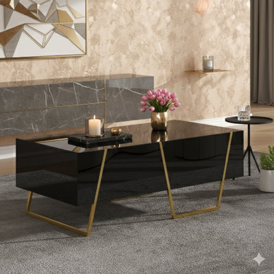Table basse moderne et brillante rectangulaire pour le salon avec rangement, avec 4 tiroirs et une base dorée, mesurant 47,2 pouces.