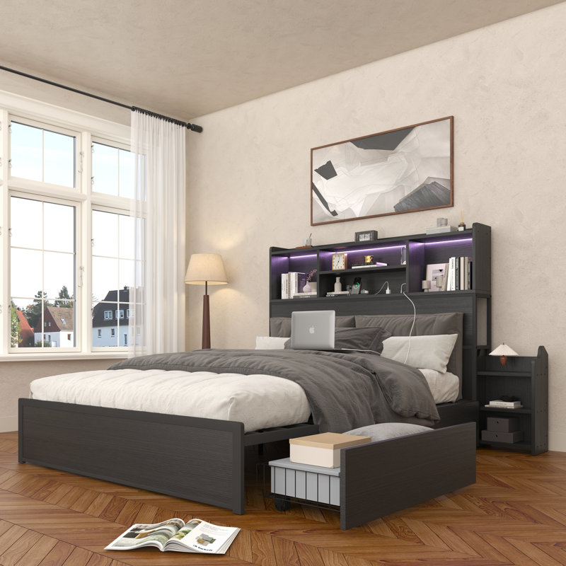 Platform Bed Frame With 4 Under‑Bed Storage Drawers, Storage Headboard With Pull Out Nightstands, Charging Station & Rgb Led Lights, No Box Spring Required