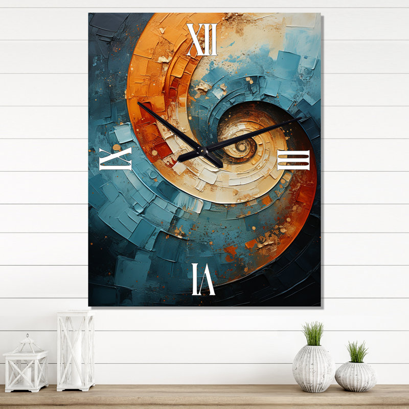 Orange bleu sarcelle abstrait spirales I - abstrait très grandes horloges murales, H 28 po x l 12 po x P 1 po
