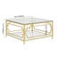 Table basse carrée en verre de 33,5 po, structure géométrique luxueuse en métal, finition dorée et tablette inférieure-150844948