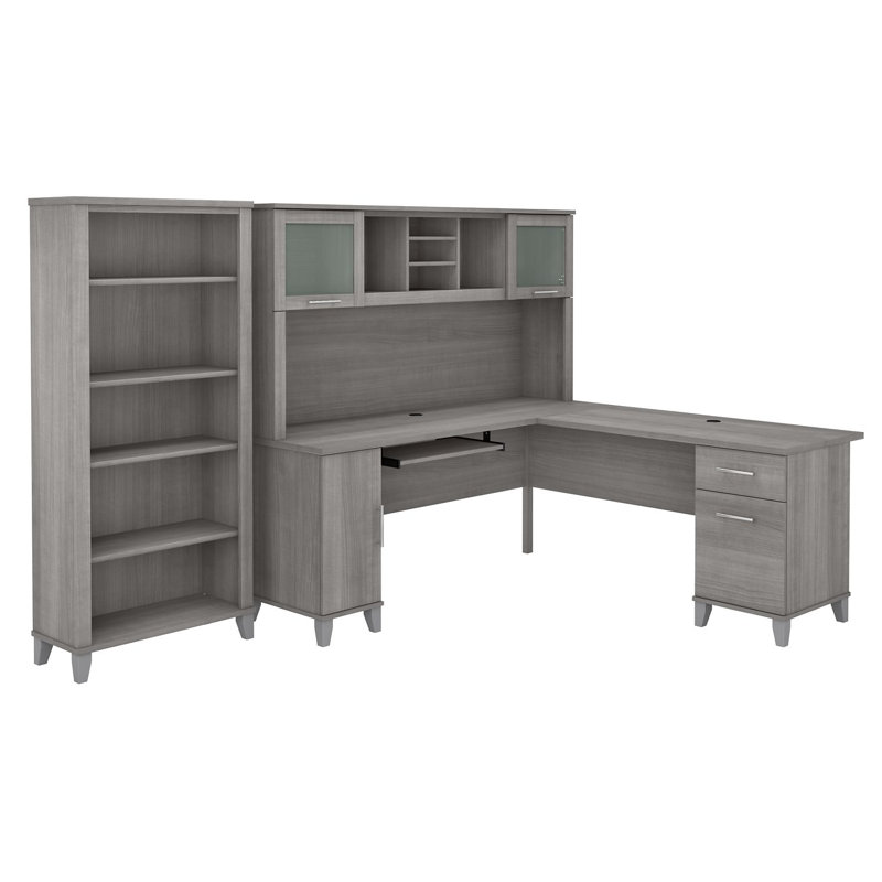 Ensemble de bureau d'ordinateur en L 3 pièces avec rehausse Magomed, Gris platine