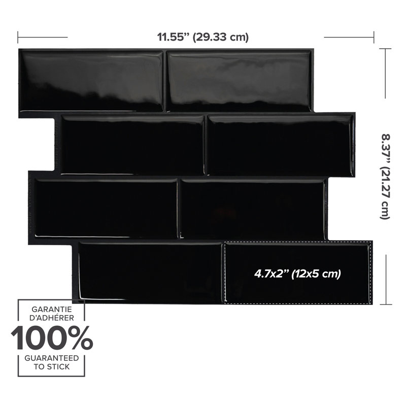 Carreau de dosseret en gel adhésif style métro 12 po x 8 po, Black
