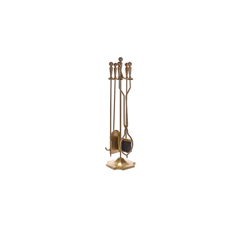 Ensemble de foyer 5 pièces avec poignées sphériques et base piédestal, Doré