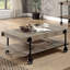 Table basse industrielle 1 pièce avec tablette inférieure ouverte, conception esthétique en bois reproduite, support de pieds en forme de roue, éléments de conception à lattes, apparence naturelle et noire, réplique de 25,18 po de largeur, roulette