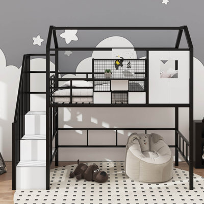 Lit mezzanine simple en métal avec toit et compartiment de rangement intégré
