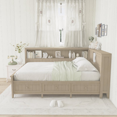 Lit de jour en bois avec tablettes de rangement, 3 tiroirs et 2 portes coulissantes