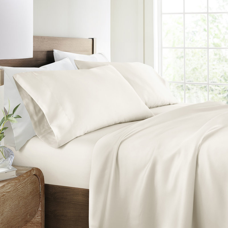 Ensemble de draps 100% rayonne de bambou soyeux, Ensemble de draps pour très grand lit avec 2 taie, Ivoire
