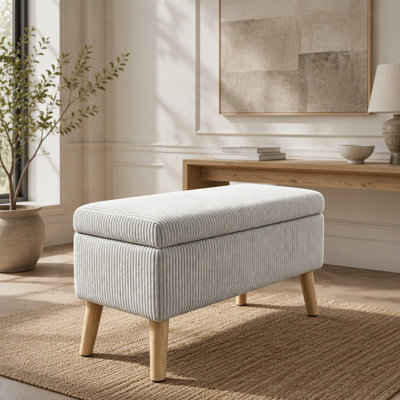 31" Beige Corduroy Storage Bench, Brown Wood Solid Wood Legs for Living Room Bedroom Entryway