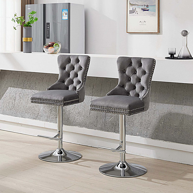 Baldock 2PC Swivel Adjustable Height Barstools,Modern Upholstered Stools with Tufted Back, Gray/Chrome 