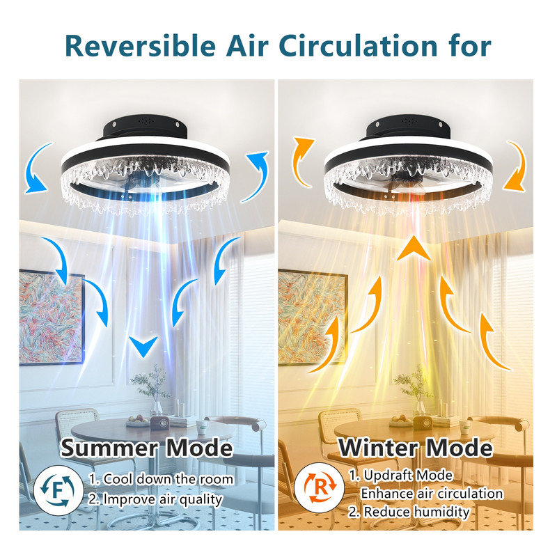16" Modern LED Ceiling Fan with Light, Dimmable & Adjustable CCT, Crystal Design, Invisible Blades, Quiet Motor, Remote & APP Control, Timing Function, Black
