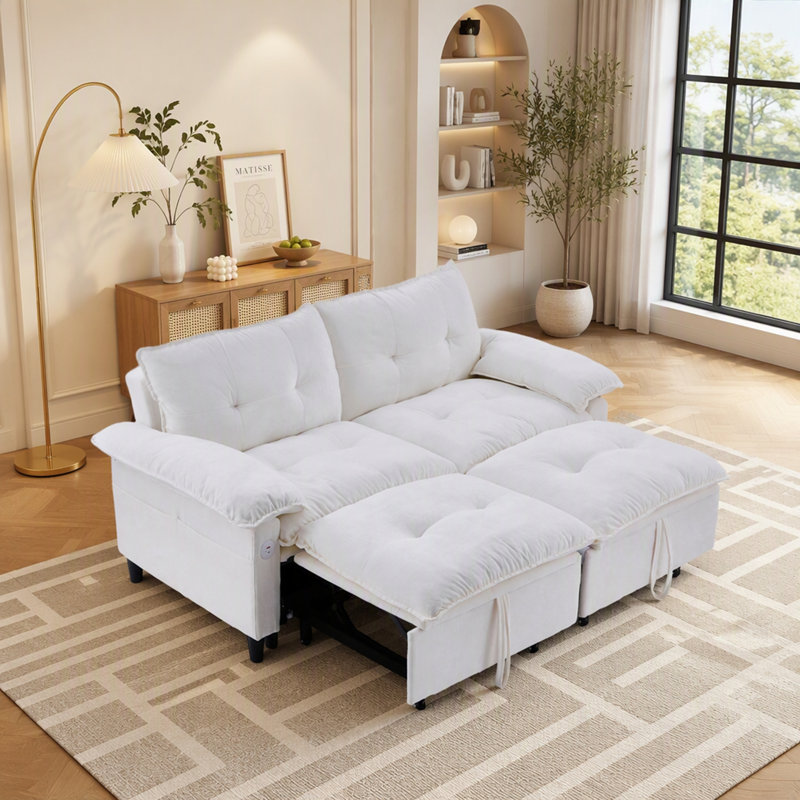 Canapé-lit convertible en velours avec matelas dépliable confortable pour petits espaces, Velours blanc