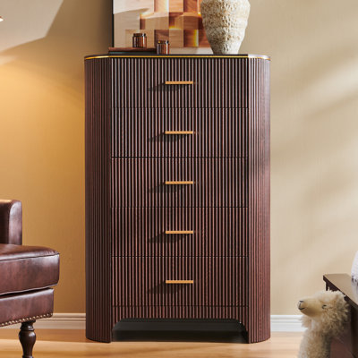 Fluted 5 Drawer Tall Dresser With Curved Profile  , 47.8" Tall Drawers With Reeded Texture, Gold Handles Storage Organizer Cabinet For Bedroom, Living Room, Entryway,Brown Oak