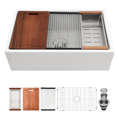 30X20 Inch White Ceramic Kitchen Sink Workstation - Single Bowl. And Stylish. To Discoloration. Spacious Practical. With Accessories 30" 20X10 Inch. . Scratches. Easy Clean. Package With Practical