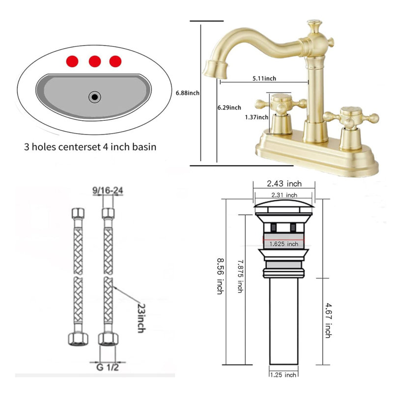2-handle Bathroom Faucet with Drain Assembly, Brushed Gold