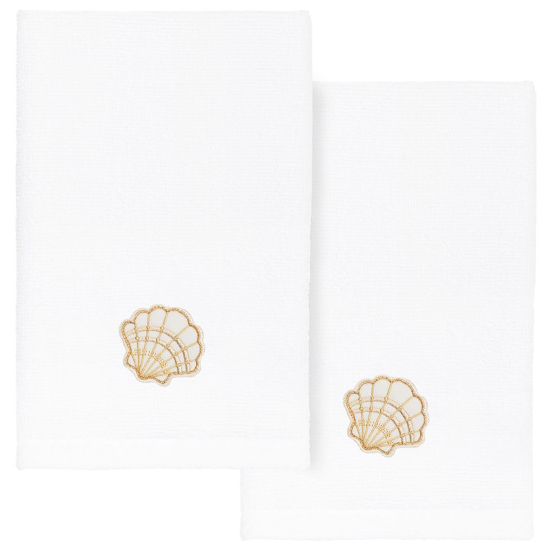 SHELL ROW 2PC Embellished Fingertip Towel Set 100% Turkish Cotton Fingertip Towel, White